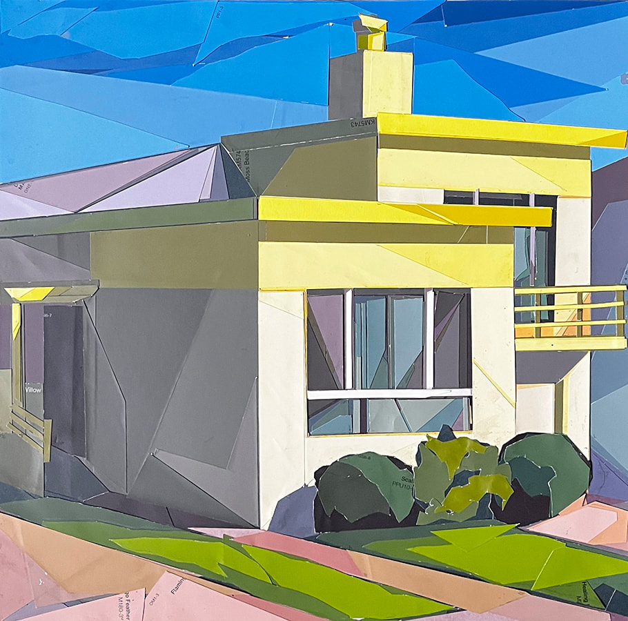 Artwork created by assembling pieces cut from paint color samples into a picture of a small white home with a flat yellow roof with small modest shrubbery and a patch of lawn in front