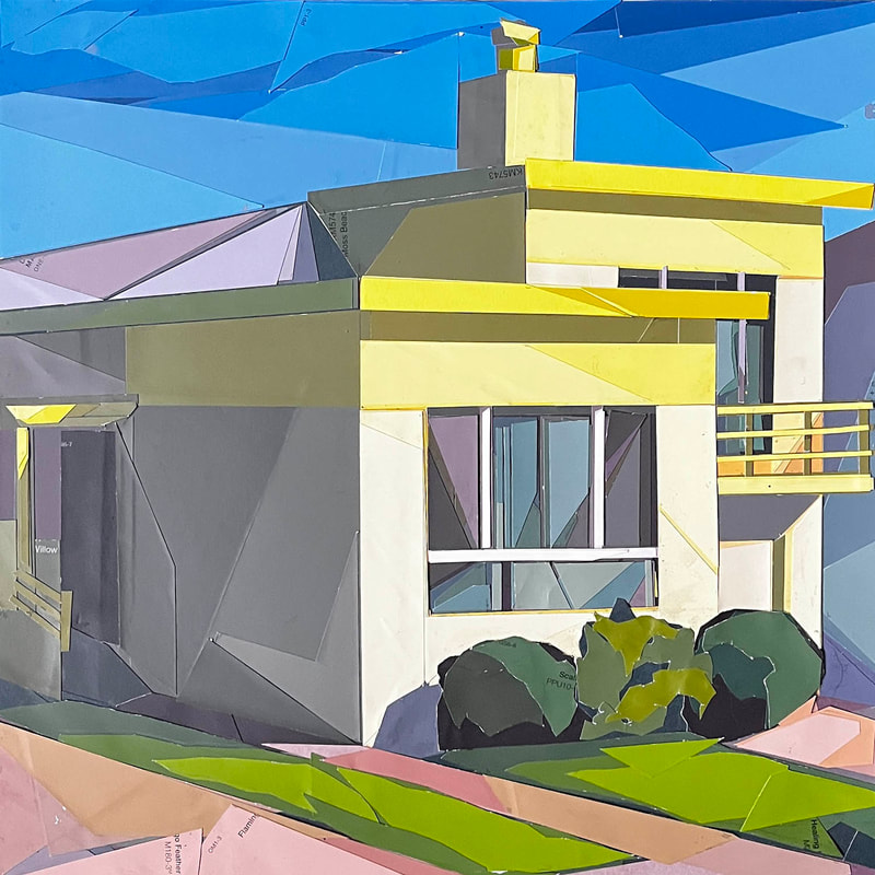 Collage art of a small house with a flat roof and shrubs in front