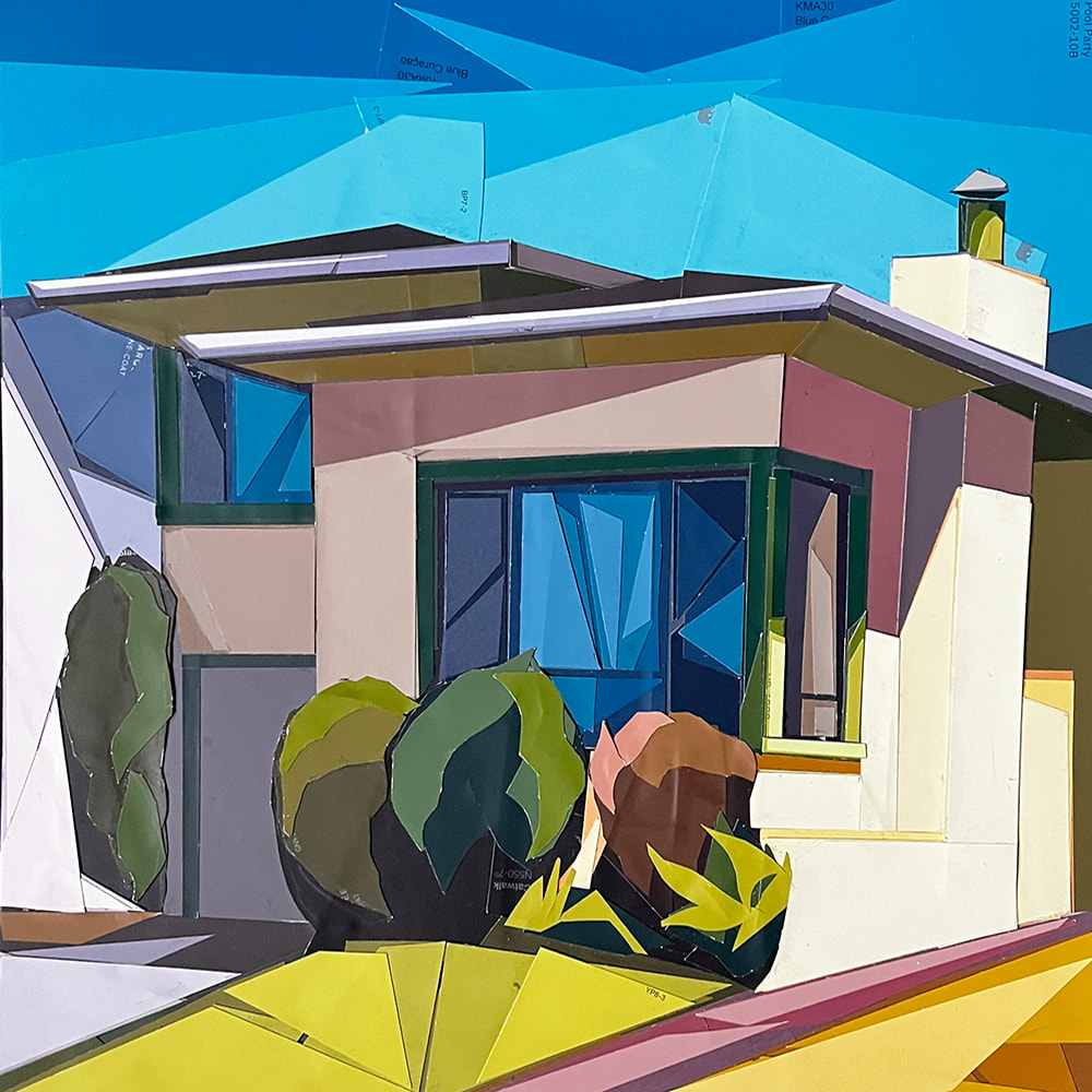 a collage made of paint color samples depicting a small home with small shrubs and a patch of grass in the front yardPicture