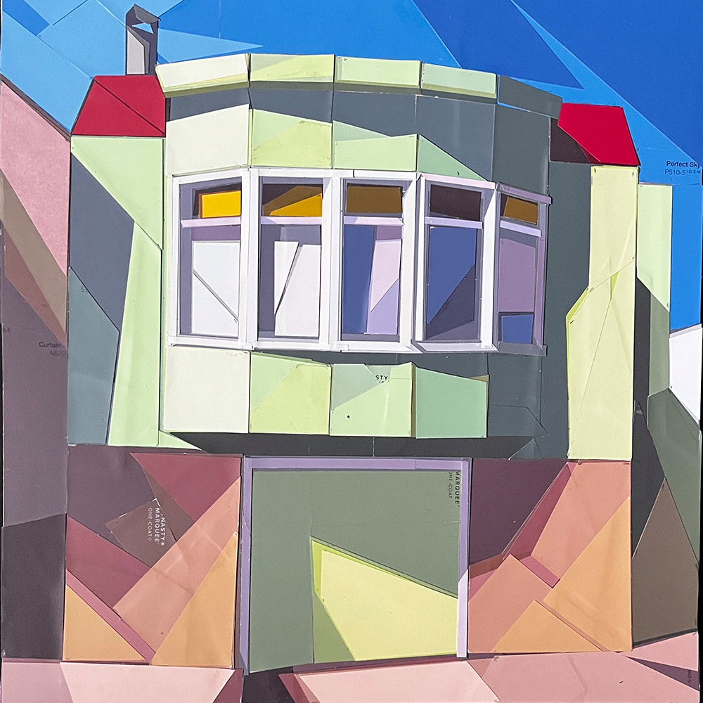 a collage made of paint color samples depicting a small urban home with a window above the garage