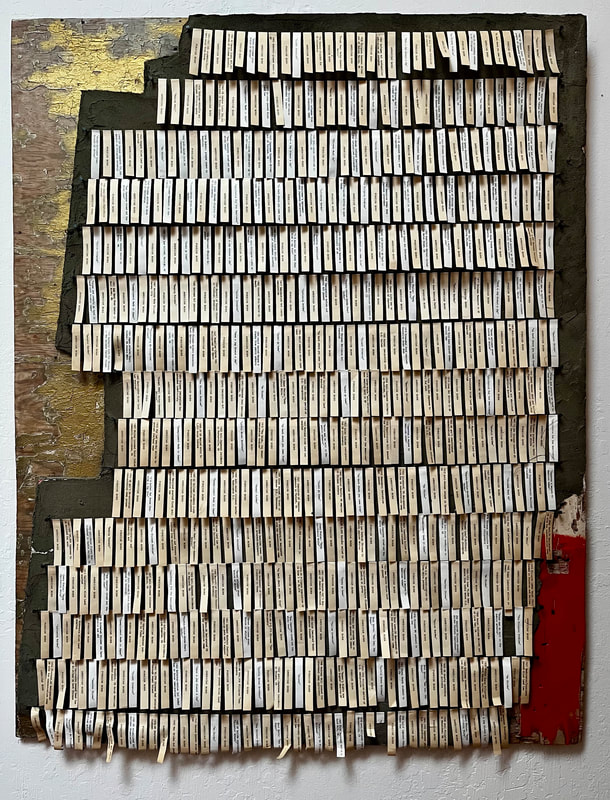 Upcycled wood panel with dozens fo fortune cookie fortune slips referencing the Japanes incarceration camps, slurs commonly used for people of Asian decent and actions taken by the US Government to restrict people of Asian decent to the camps as well as statements of ICE actions