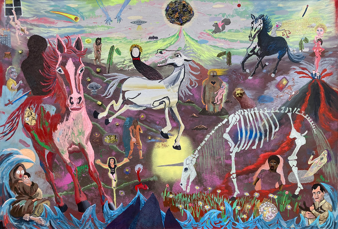 Painting of four wild horses galloping over a fantastical landscape with people watching, falling and hiding while waves rise up from the bottom and hands reach down from the sky