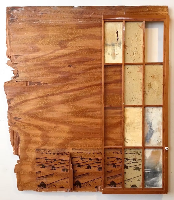 the remains of an Asian-style shoji panel, a weathered chunk of a wall with continuous lines of text: racist quotes from early history books describing anti-Asian hatred and xenophobia in America, poems of despair by Chinese immigrants carved into the cell walls at Angel Island Detention Station and quotes describing traumatic experiences of racism in the U.S. In the background loom images of rows of barracks at a WWII American concentration camp, and another reminder to heed the “writing on the wall”
