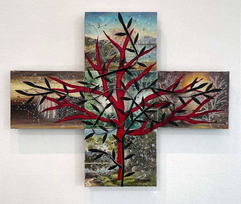 Paintings in a cross shape with images of a tree and leaves