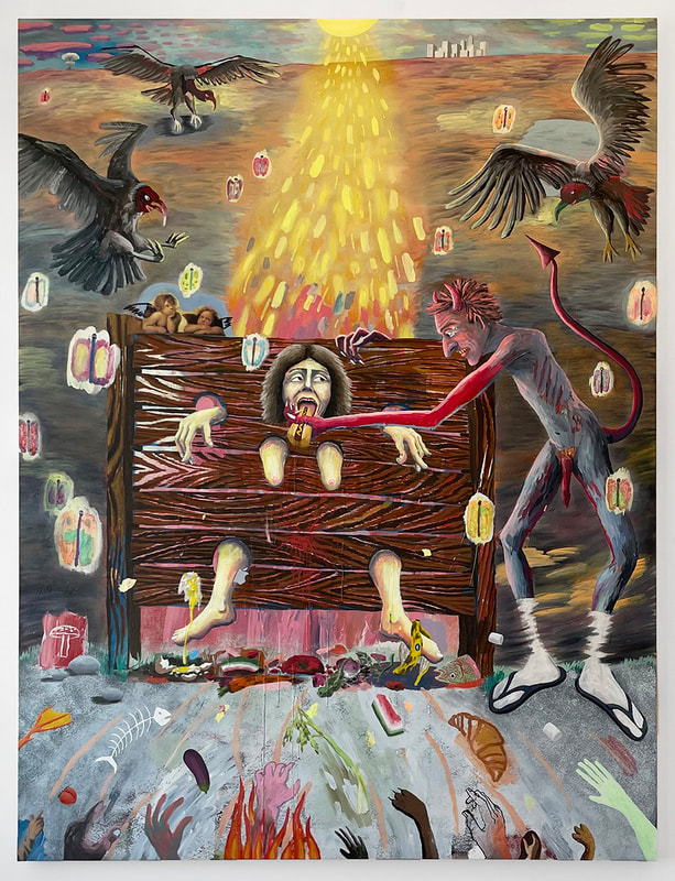 the devil wearing flip flops feeds a hotdog to a woman held captive in wooden stocks, Buzzrds hover above, rotten food has been thrown at her, landing on the ground
