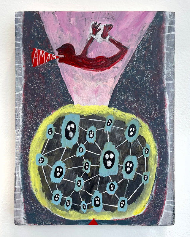 painting of a man with hands and feet tied together floating in air