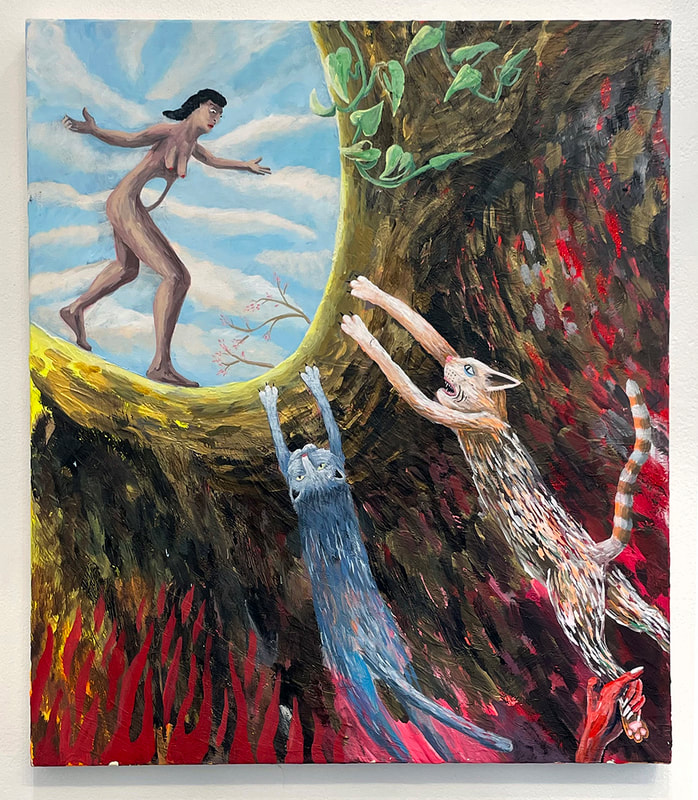 two cats reach from the underworld toward a naked woman holding her arms out stretched.