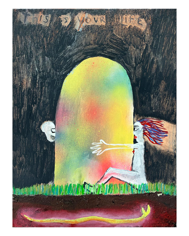 A woman wraps her arms around a glowing rainbow colored shape bursting from the ground with a skull pressing against the opposite side, at the bottom of the painting an underground snake reaches to bite her  on the bottom