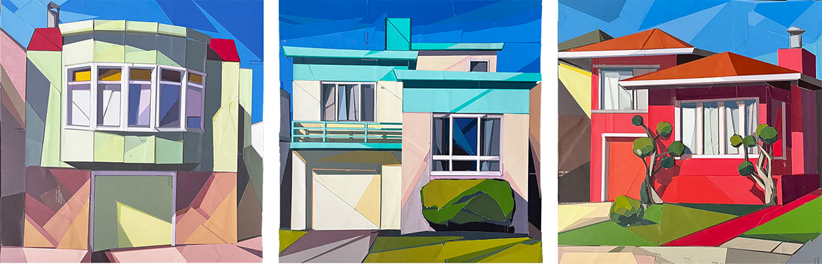 three collage artworks depicting charming small urban homes set close together with little patches of front lawn