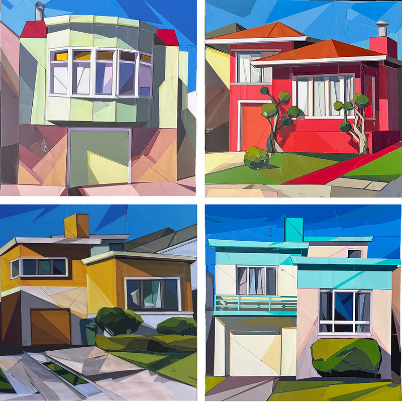 Four of Jeff Dikio's collage pieces depicting unassuming but charming homes in the Doelger style in Daly City CA