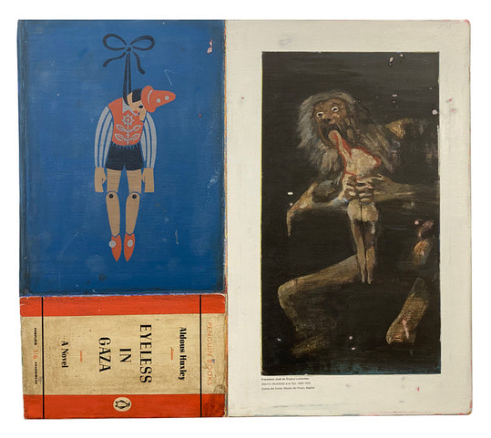 painting of puppet character, replication book cover of Eyeless in Gaza and a painting of Saturn devouring his children