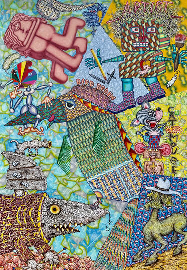 Painting of crawling fish made of wood, centaur with a hat, improbable creatures fantastically stacked, one with a paint palette in hand,