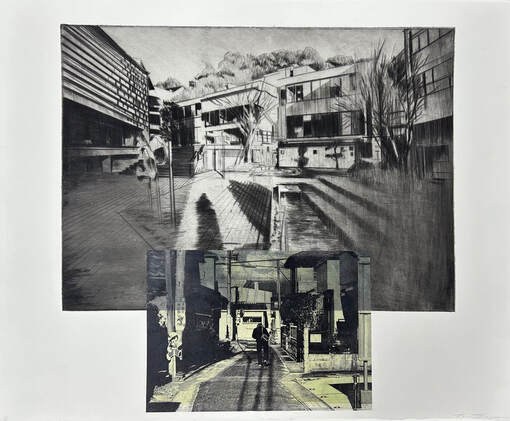 etching of 2 locations with buildings and walkway superimposed