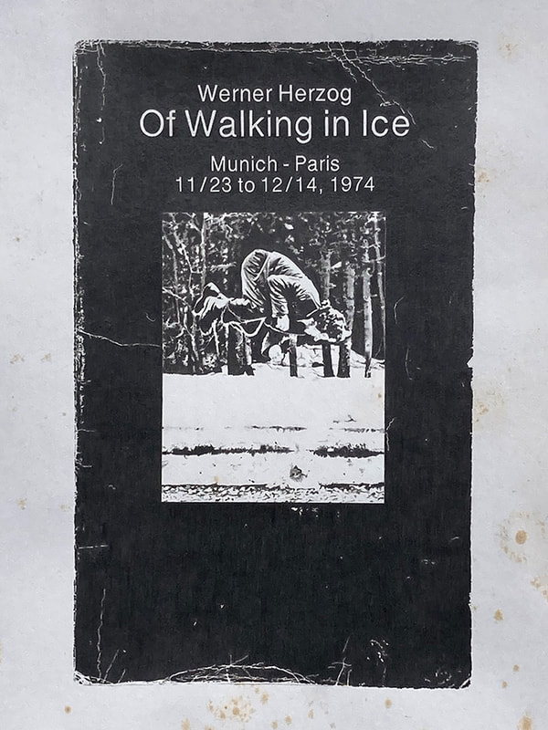 Graphite drawing replicating a worn book cover of the book Werner Herzog, Of Walking in Ice