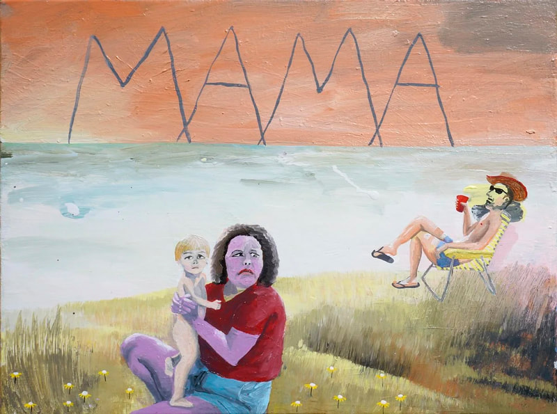 Painting of a plump woman in a red shirt holding a naked toddler wile a man in a hat lounges and drinks from a red up; the word MAMA is written across the sky