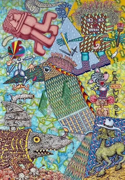 Painting of crawling fish made of wood, centaur with a hat, improbable creatures fantastically stacked, one with a paint palette in hand,