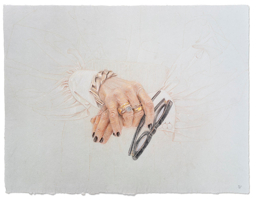 drawing of a woman's hands with two rings, a bracelet, black nail polish and holding a pair of black framed glasses