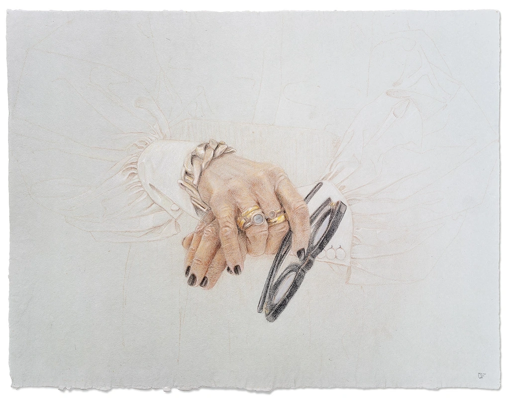 drawing of a woman's hands with two rings, a bracelet, black nail polish and holding a pair of black framed glasses