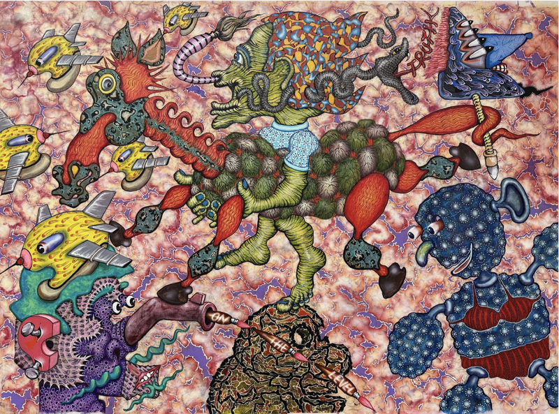 fantastical horse carried by a human like creature with a tail emerging from its nose, other characters inahabit an intensely patterned environment