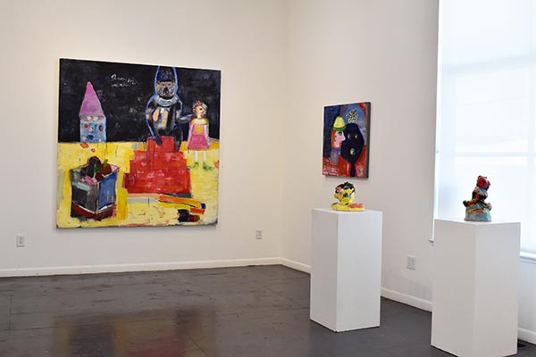 view two figurative paintings and a sculpture in an art gallery