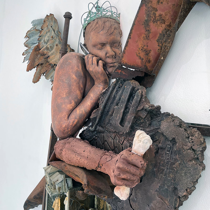 detail of a sculpture made of many objects, detail of a sculpture made of many objects, a person holding a flip phone, wearing a crown, a hand holding a bone