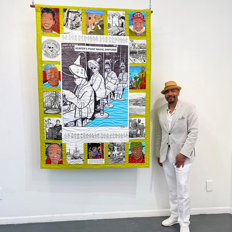 Artist William Rhodes with a quilt depicting historical images of ship building workers at the Hunter's Point Shipyards