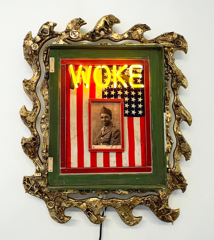 3D Artwork  with portrait of a soldier and red balls of thread