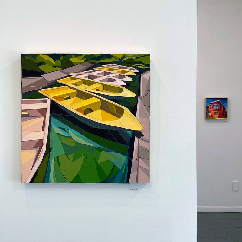a collage depicting boats floating in a line near a walkway