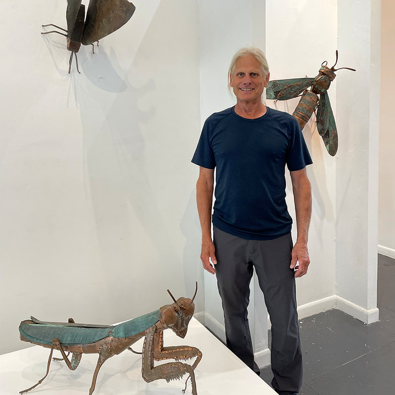 man with praying mantis and wasp insect sculptures