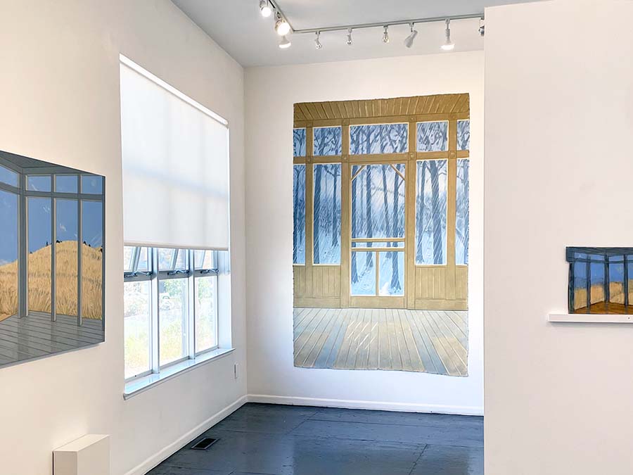 three paintings depicting a landscape outside an open doorway with side windows