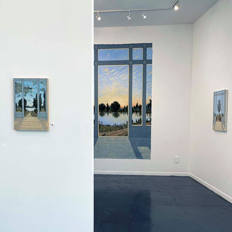 three paintings depicting a landscape outside an open doorway with side windows