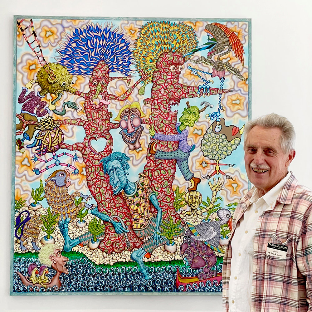 smiling man with white hair and mustache standing in front of a colorful painting depicting surreal human-like trees, human-hybrid birds, a griffin and a cacophony of bizarre characters walking on air and climbing over each other