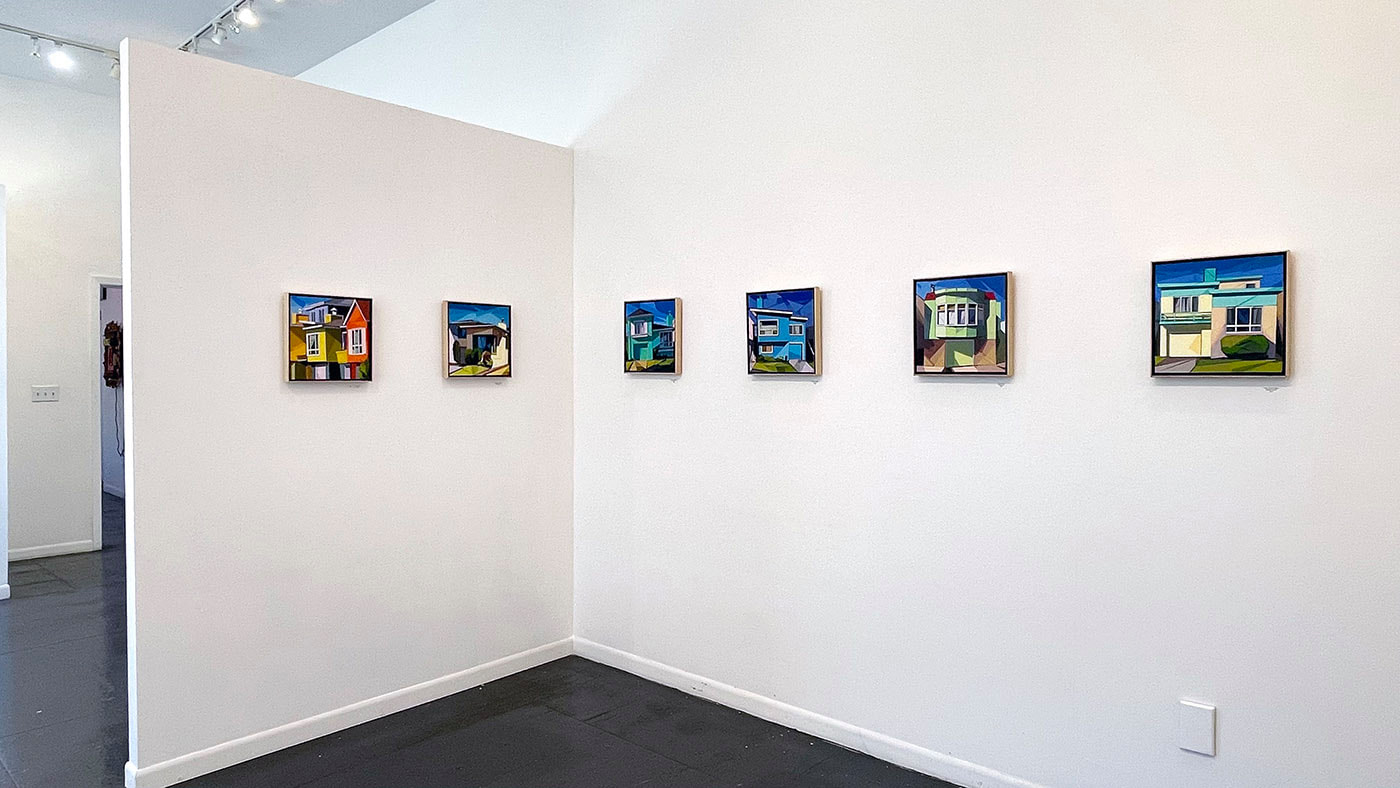 row of six colorful 12 x 12 inch collage artworks depicting  small urban neighborhood homes  