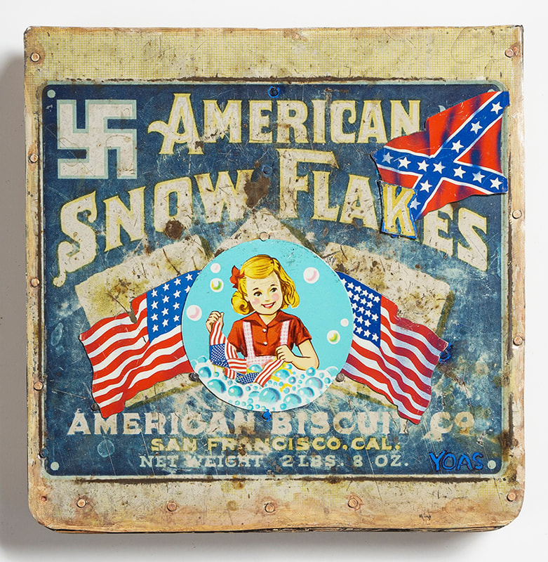 tin art picturing a girl hand washing an American flag with soap bubbles floatng up, the text ays American Snow Flakes
