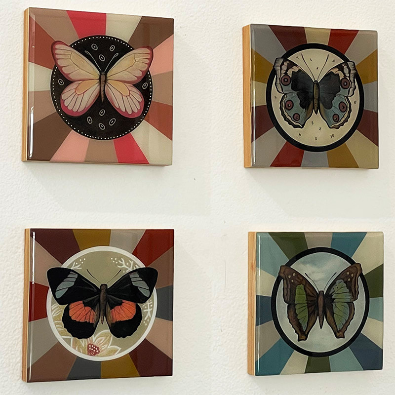 butterflies in circles with colored rays