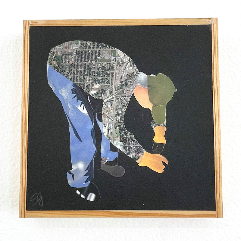 collage of man bending over to pick something up