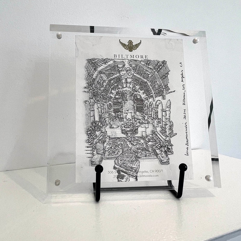 pen and ink drawing of the Biltmore Hotel on a piece of Biltmore Hotel stationary