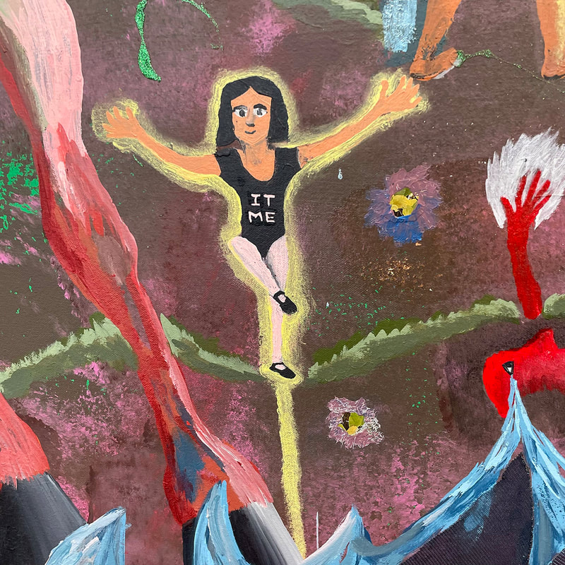 painting of a child on tight rope. She's wearing a leotard the says "It ME"