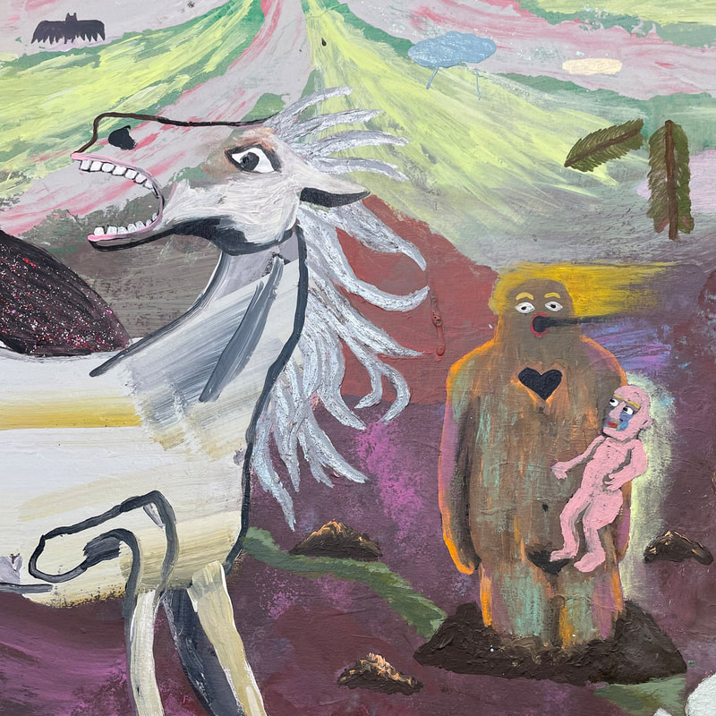 painting of white horse with big eyes, furred monster holing a baby/child