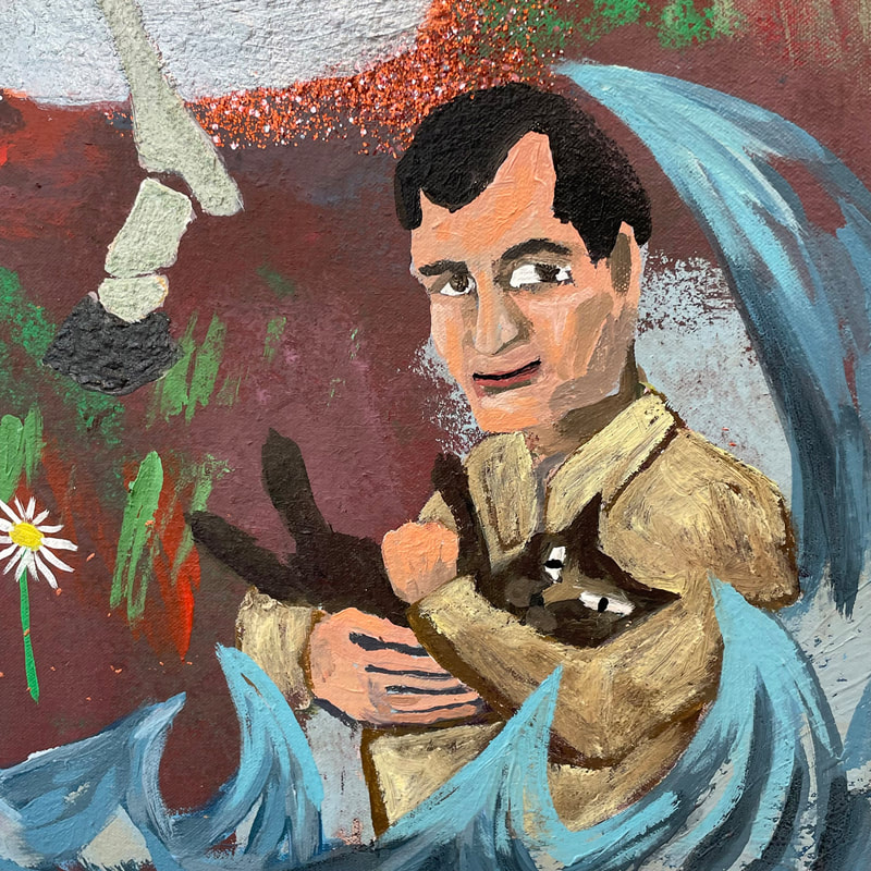 painting of a man holding a cat in his arms