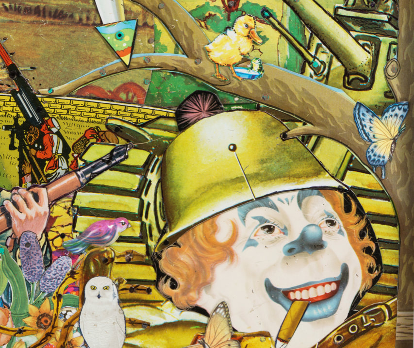 clown with cigar, ducking, owl, birds, butterfly and guns